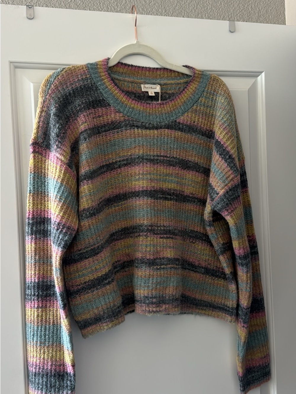 Hem & Thread Multicolor Striped Crewneck Sweater — Teal, Pink & Gray